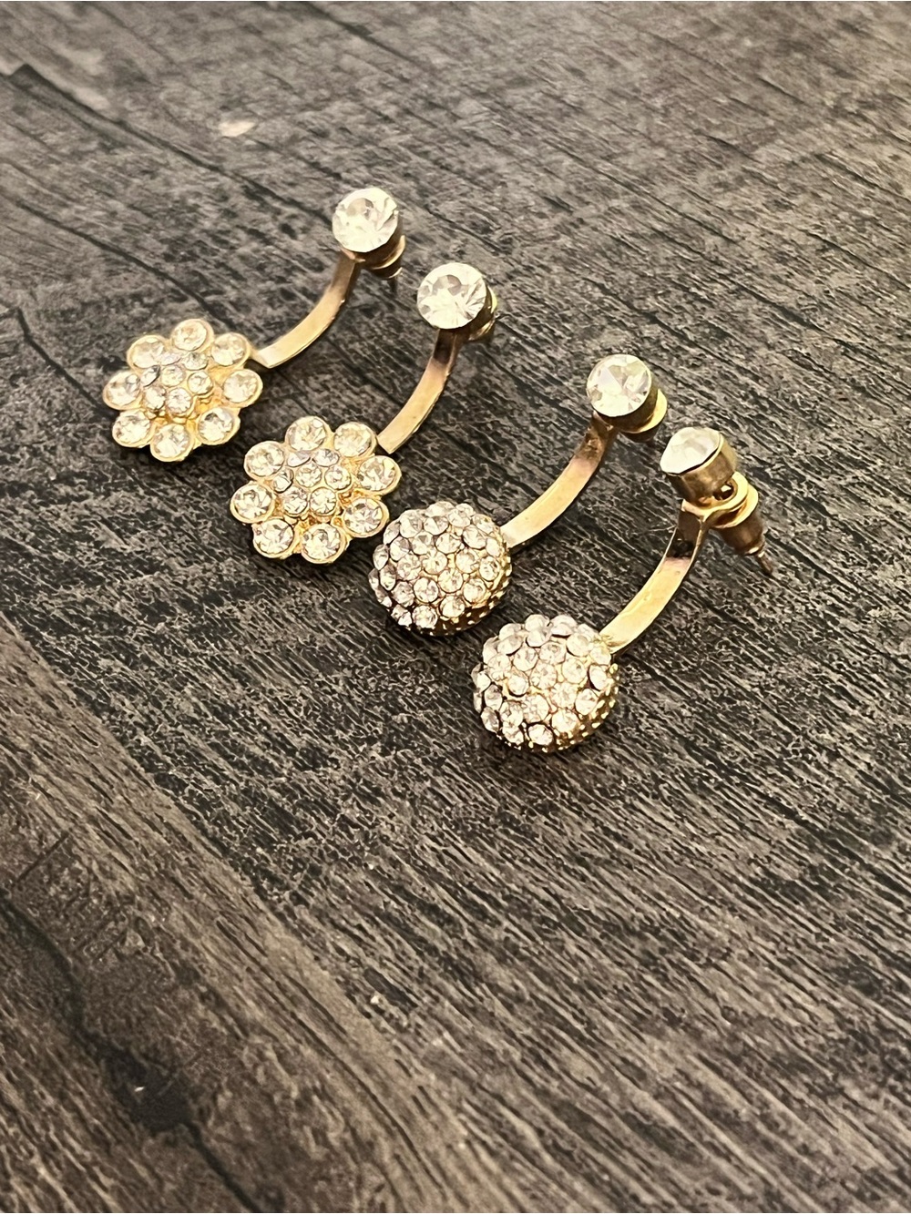 Vintage Style Gold Tone Rhinestone Ear Jacket Earrings Flower Pavé Back Stud